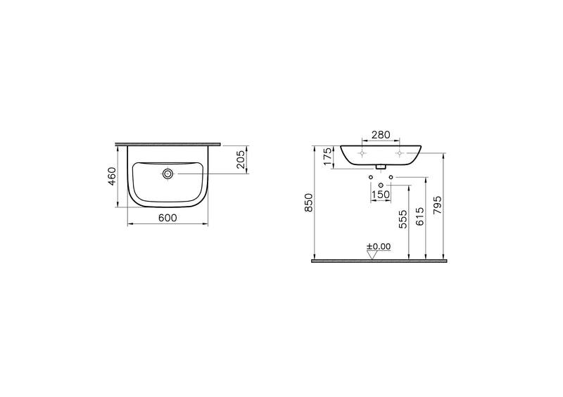 VitrA S20 Waschtisch 60 cm ohne Hahnloch mit Überlaufloch Weiß Hochglanz VitrA