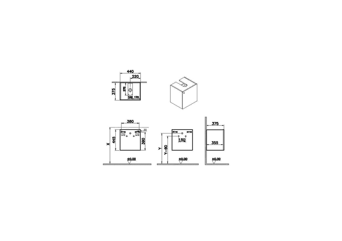 VitrA ArchiPlan Waschtischunterschrank Compact 44 x 38 cm 1 Tür Türanschlag rechts Siphonausschnitt mittig Weiß Matt VitrA