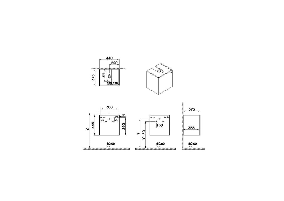 VitrA ArchiPlan Waschtischunterschrank Compact 44 x 38 cm 1 Tür Türanschlag links Siphonausschnitt mittig Taupe Matt VitrA