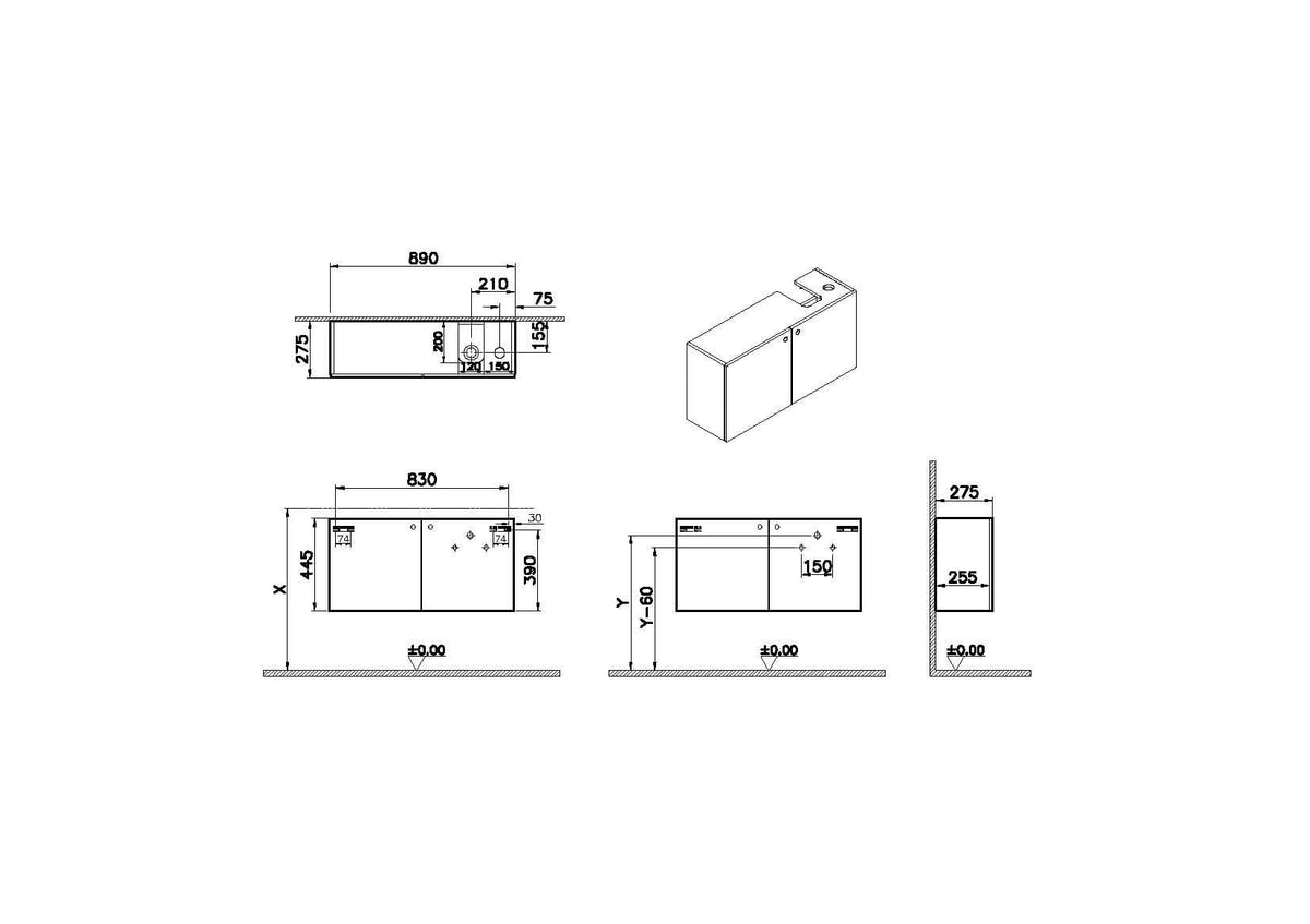 VitrA ArchiPlan Waschtischunterschrank Compact 89 x 28 cm 2 Türen Siphonausschnitt rechts Weiß Matt VitrA