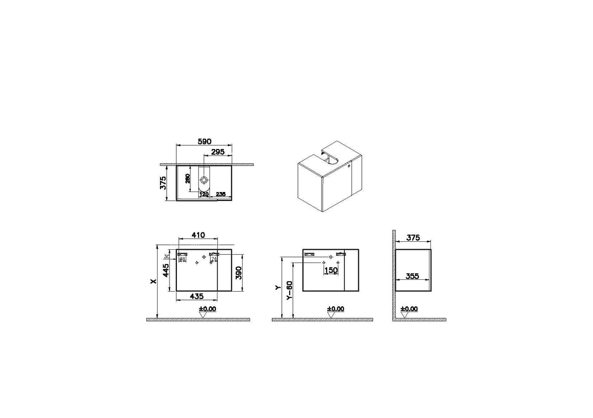 VitrA ArchiPlan Waschtischunterschrank Compact mit Regal 59 x 38 cm 1 Tür Türanschlag links Siphonausschnitt mittig Weiß Matt VitrA