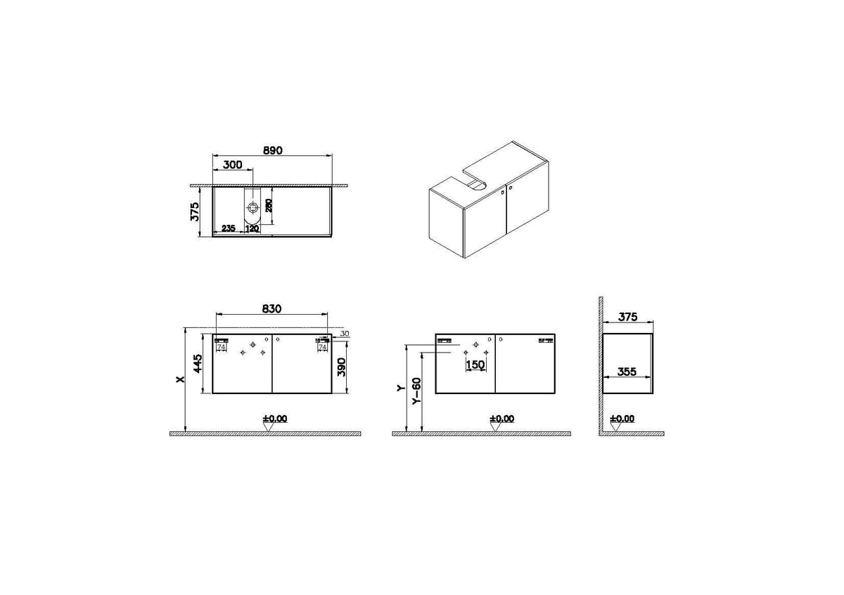 VitrA ArchiPlan Waschtischunterschrank Compact 89 x 38 cm 2 Türen Siphonausschnitt links Weiß Matt VitrA