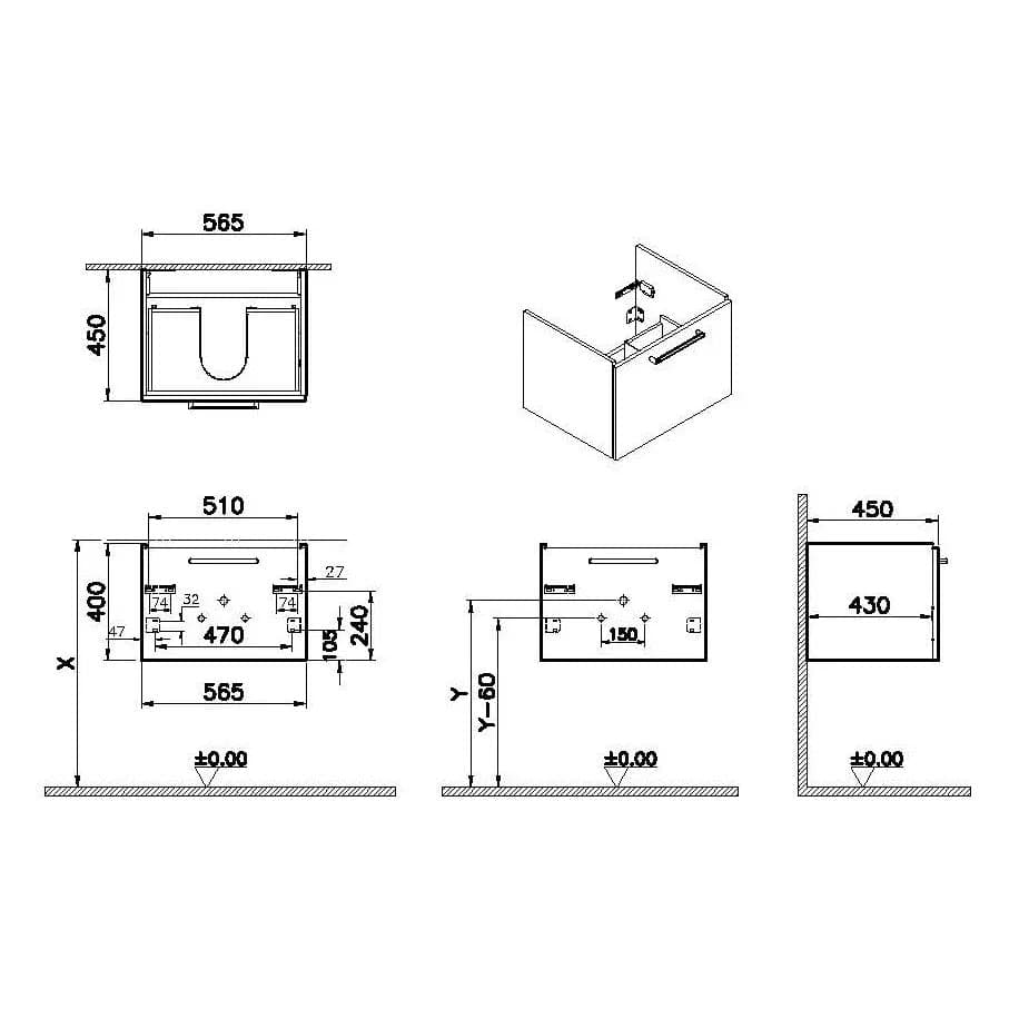 VitrA Root Flat Waschtischunterschrank, mit 1 Vollauszug, 56,5 x 45 x 40 cm (BxTxH), Perlgrau Hochglanz VitrA