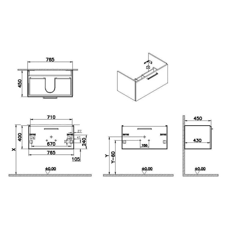 VitrA Root Flat Waschtischunterschrank, mit 1 Vollauszug, 76,5 x 45 x 40 cm (BxTxH), Walnuss VitrA