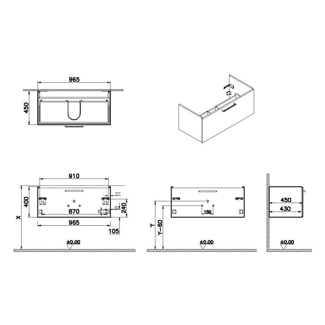 VitrA Root Flat Waschtischunterschrank, mit 1 Vollauszug, 96,5 x 45 x 40 cm (BxTxH), Weiß Hochglanz VitrA