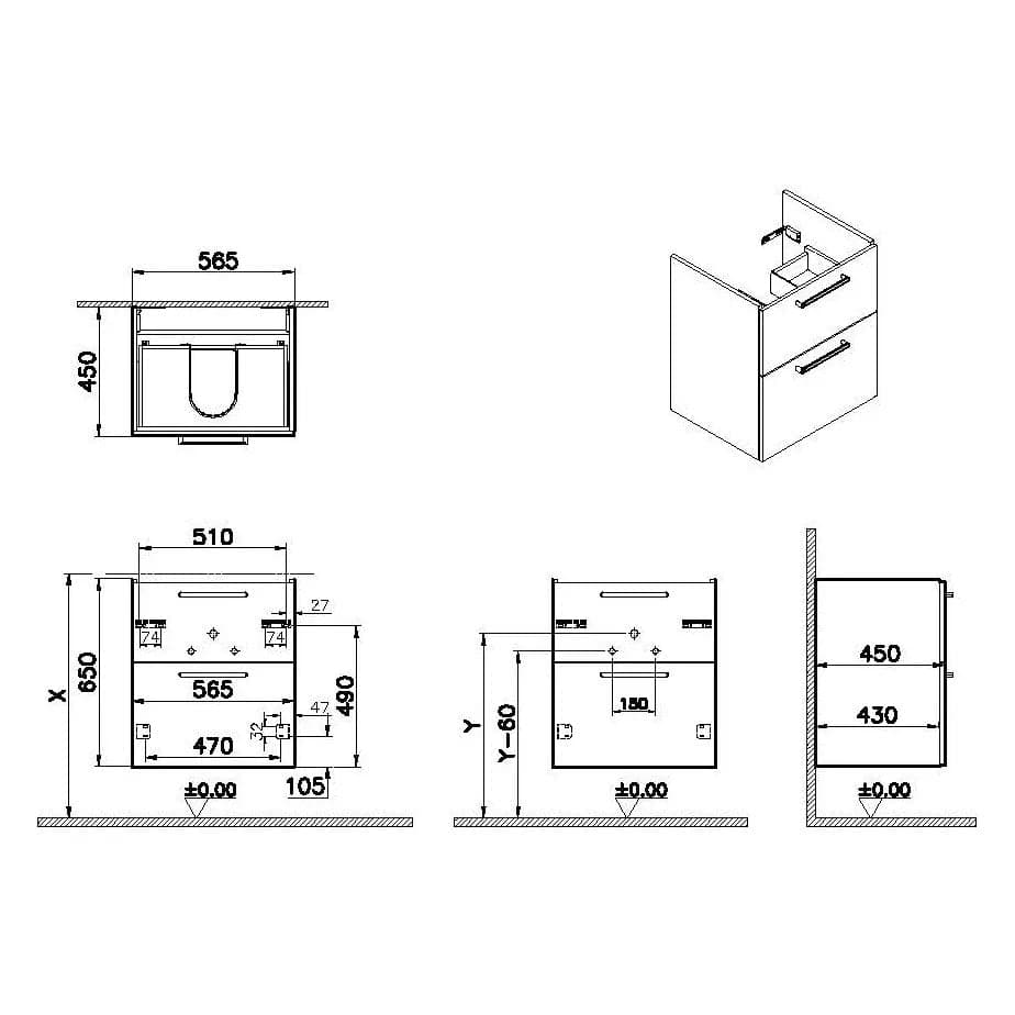 VitrA Root Flat Waschtischunterschrank, mit 2 Vollauszügen, 56,5 x 45 x 65 cm (BxTxH), Walnuss VitrA