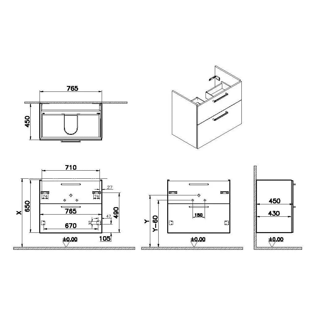 VitrA Root Flat Waschtischunterschrank, mit 2 Vollauszügen, 76,5 x 45 x 65 cm (BxTxH), Anthrazit Hochglanz VitrA