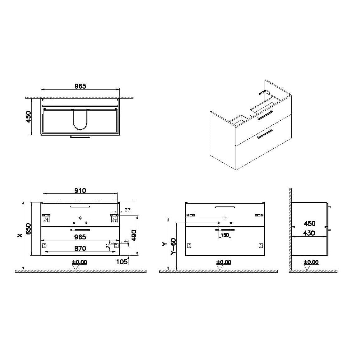 VitrA Root Flat Waschtischunterschrank, mit 2 Vollauszügen, 96,5 x 45 x 65 cm (BxTxH), Dunkelblau Matt VitrA