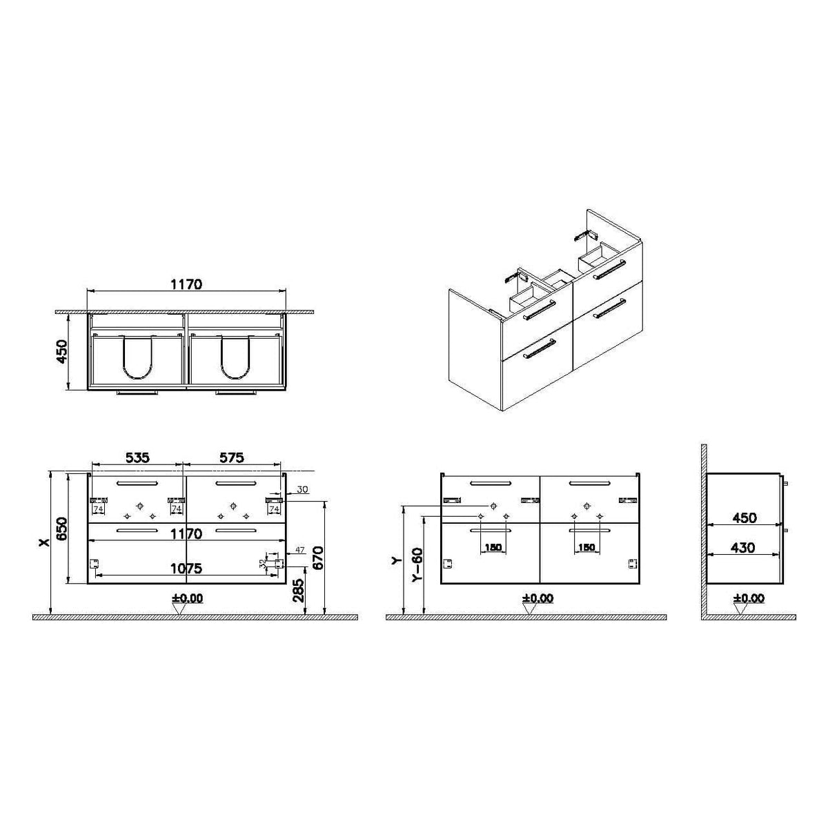 VitrA Root Flat Waschtischunterschrank, mit 4 Vollauszügen, 117 x 45 x 65 cm (BxTxH), Perlgrau Hochglanz VitrA