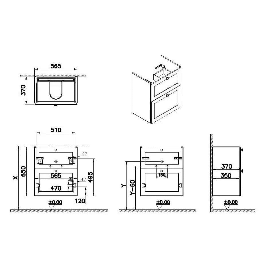 VitrA Root Classic Waschtischunterschrank Compact, mit 2 Vollauszügen, 56,5 x 37 x 65 cm (BxTxH), Weiß Matt VitrA