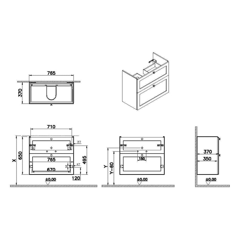 VitrA Root Classic Waschtischunterschrank Compact, mit 2 Vollauszügen, 76,5 x 37 x 65 cm (BxTxH), Weiß Matt VitrA
