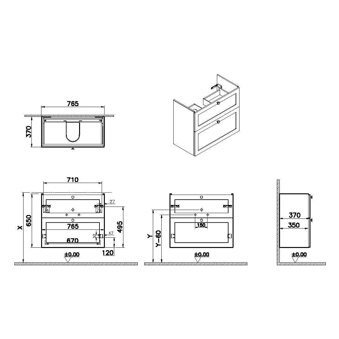 VitrA Root Classic Waschtischunterschrank Compact, mit 2 Vollauszügen, 76,5 x 37 x 65 cm (BxTxH), Hellgrau Matt VitrA