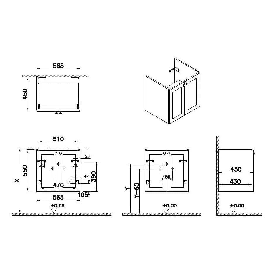 VitrA Root Classic Waschtischunterschrank, mit 2 Türen, 56,5 x 45 x 55 cm (BxTxH), Grau Matt VitrA