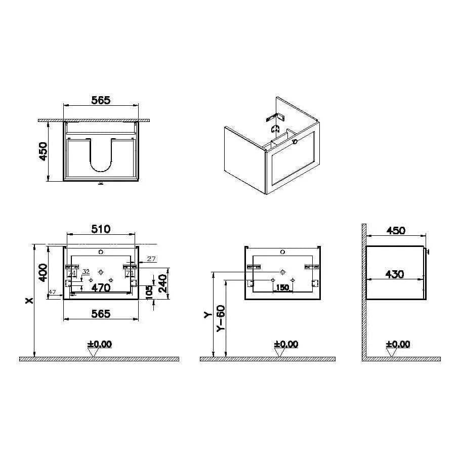 VitrA Root Classic Waschtischunterschrank, mit 1 Vollauszug, 56,5 x 45 x 40 cm (BxTxH), Grau Matt VitrA