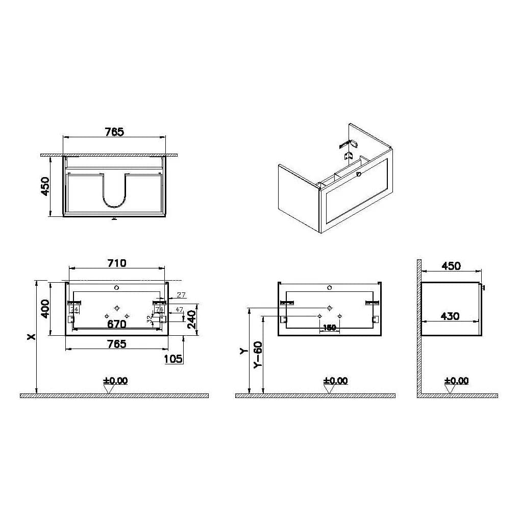 VitrA Root Classic Waschtischunterschrank, mit 1 Vollauszug, 76,5 x 45 x 40 cm (BxTxH), Grau Matt VitrA