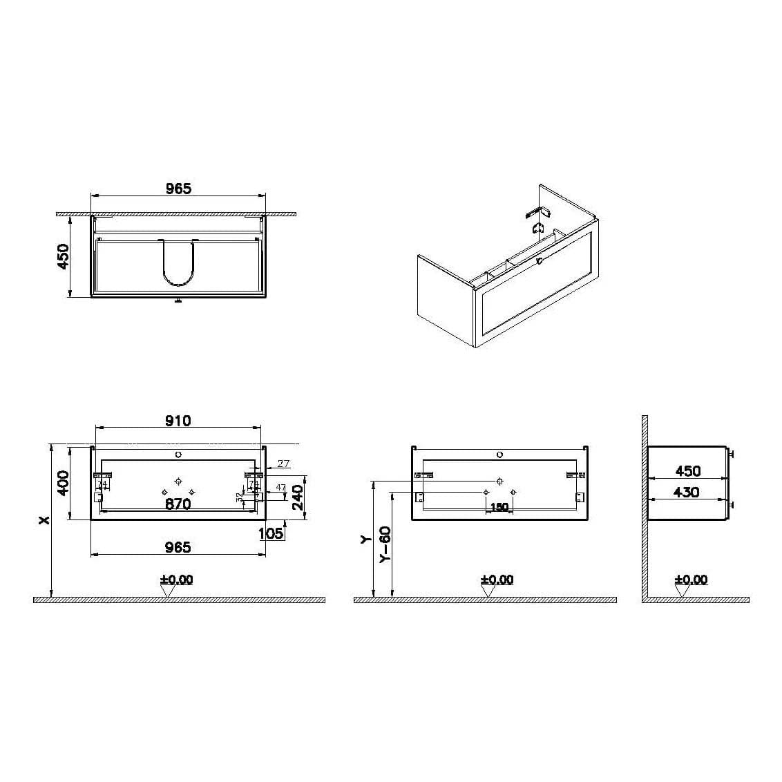 VitrA Root Classic Waschtischunterschrank, mit 1 Vollauszug, 96,5 x 45 x 40 cm (BxTxH), Hellgrau Matt VitrA