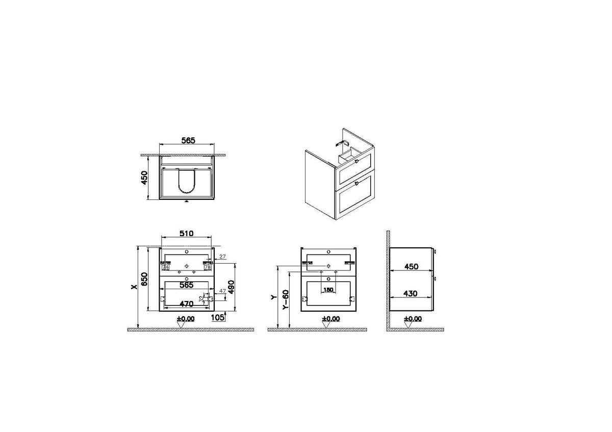 VitrA Root Classic Waschtischunterschrank, mit 2 Vollauszügen, 56,5 x 45 x 65 cm (BxTxH), Weiß Matt VitrA