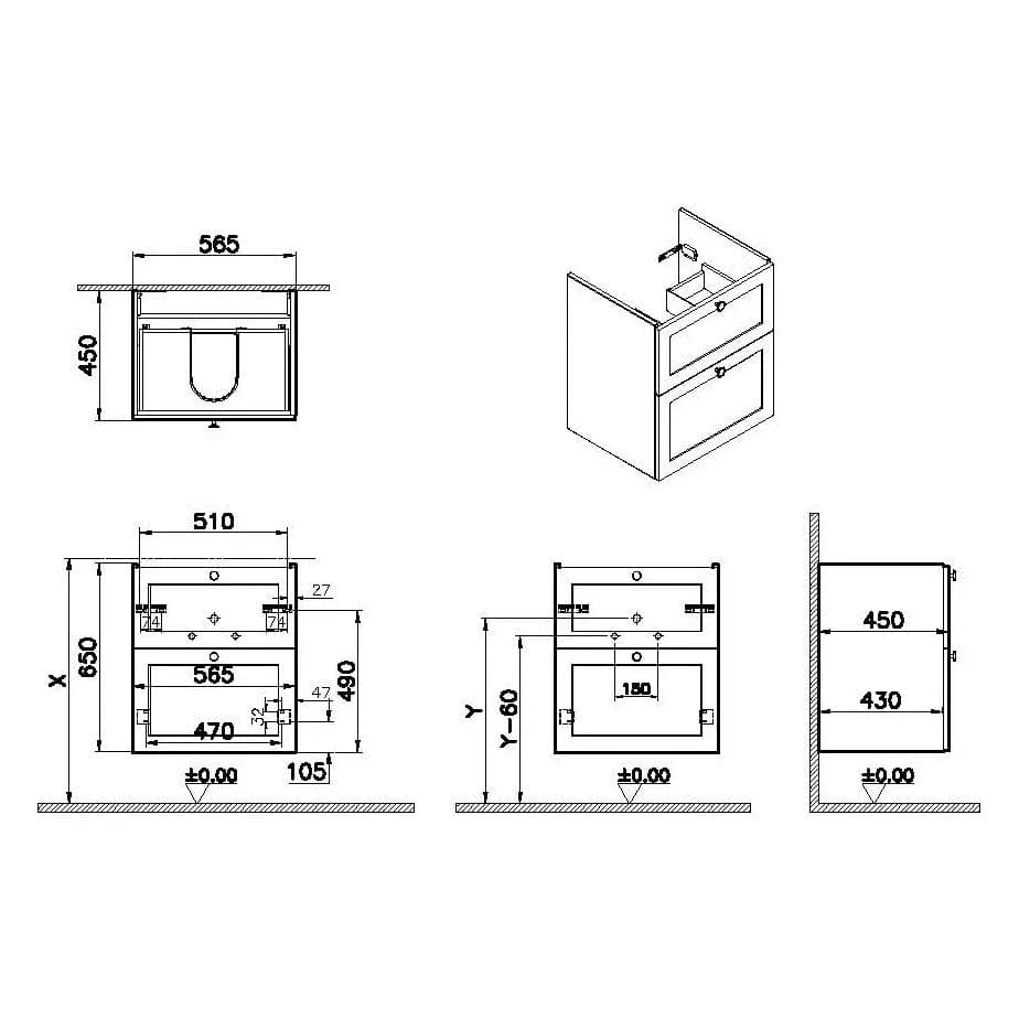 VitrA Root Classic Waschtischunterschrank, mit 2 Vollauszügen, 56,5 x 45 x 65 cm (BxTxH), Hellgrau Matt VitrA