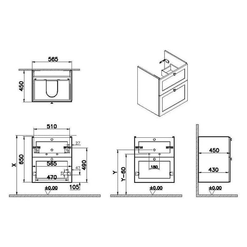 VitrA Root Classic Waschtischunterschrank, mit 2 Vollauszügen, 56,5 x 45 x 65 cm (BxTxH), Grau Matt VitrA