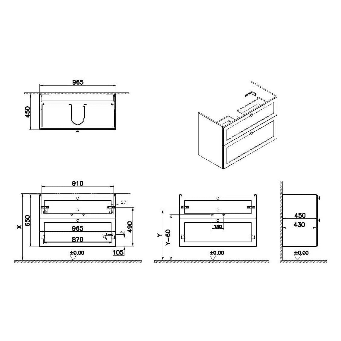 VitrA Root Classic Waschtischunterschrank, mit 2 Vollauszügen, 96,5 x 45 x 65 cm (BxTxH), Weiß Matt VitrA