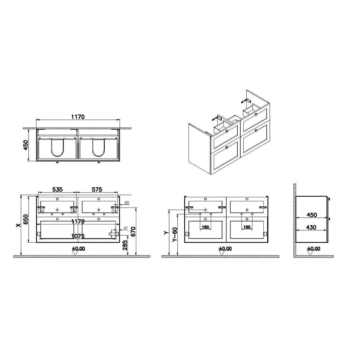 VitrA Root Classic Waschtischunterschrank, mit 4 Vollauszügen, 117 x 45 x 65 cm (BxTxH), Dunkelblau Matt VitrA