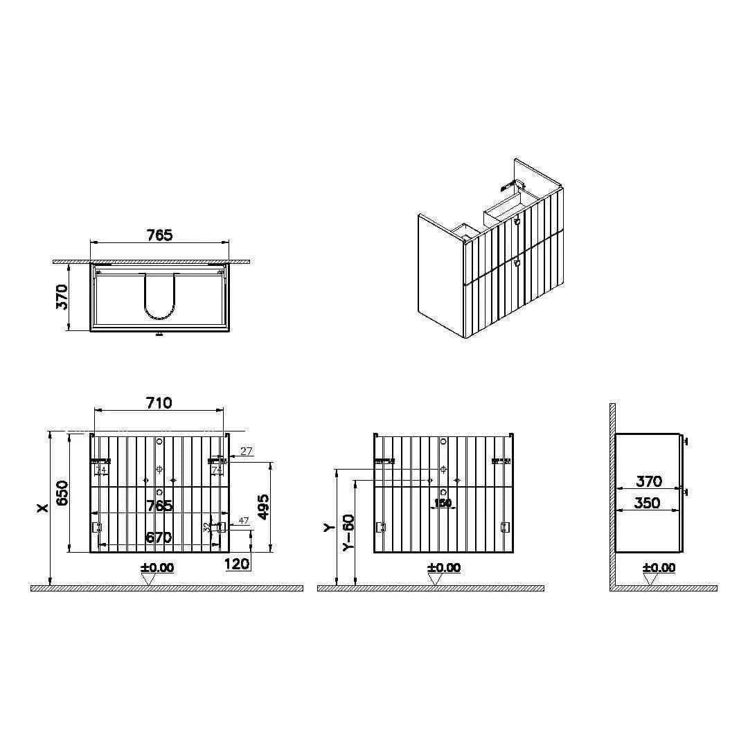 VitrA Root Groove Waschtischunterschrank Compact, mit 2 Vollauszügen, 76,5 x 37 x 65 cm (BxTxH), Grau Matt VitrA