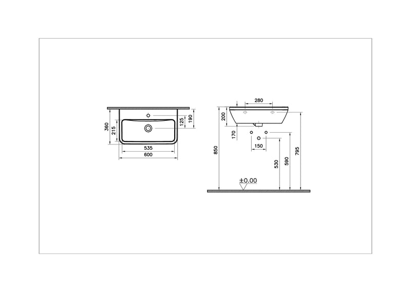 VitrA Integra Handwaschbecken 60 x 36 cm mit Hahnloch mittig mit Überlaufloch asymmetrisch rechts Weiß Hochglanz mit Oberflächenveredelung VitrA Clean VitrA