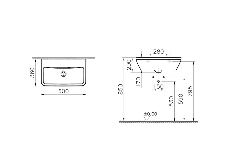 VitrA Integra Handwaschbecken 60 x 36 cm ohne Hahnloch mit Überlaufloch asymmetrisch rechts Weiß Hochglanz mit Oberflächenveredelung VitrA Clean VitrA