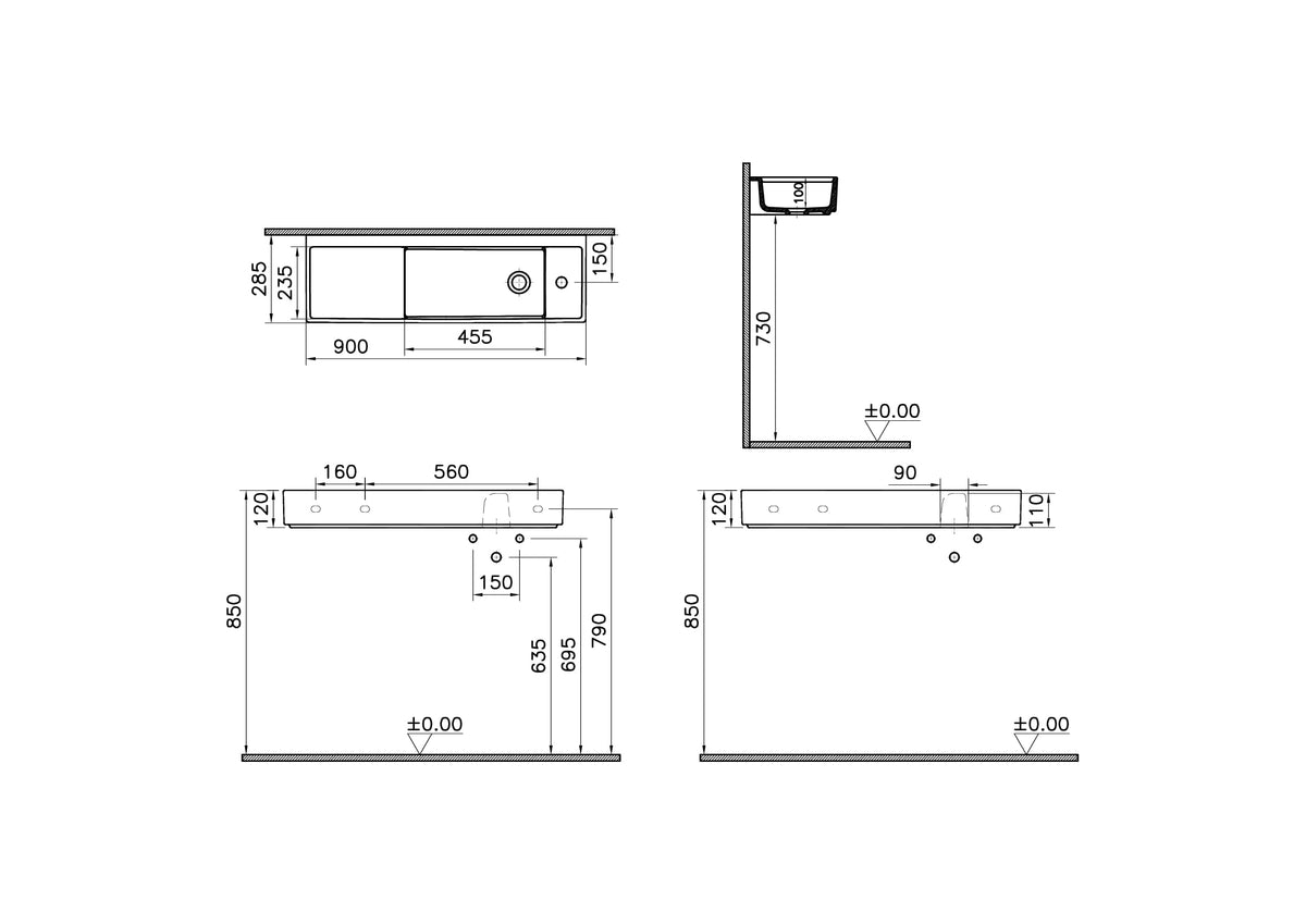 VitrA ArchiPlan Waschtisch Compact asymmetrisch 90 x 28 cm rechteckig wandgebunden Becken rechts Hahnloch rechts Ablage links ohne Überlaufloch Weiß Hochglanz VitrA