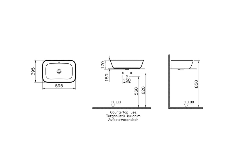 VitrA Geo Aufsatzschale 60 cm ohne Hahnloch mit Überlaufloch mittig Edelweiß mit Oberflächenveredelung VitrA Clean VitrA