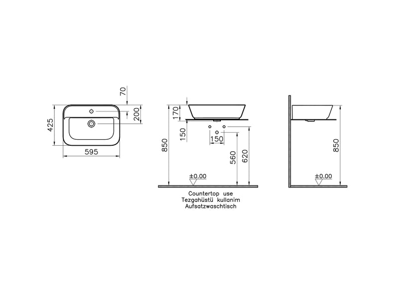 VitrA Geo Aufsatzwaschtisch 60 cm mit Hahnloch mittig mit Überlaufloch mittig Edelweiß mit Oberflächenveredelung VitrA Clean VitrA