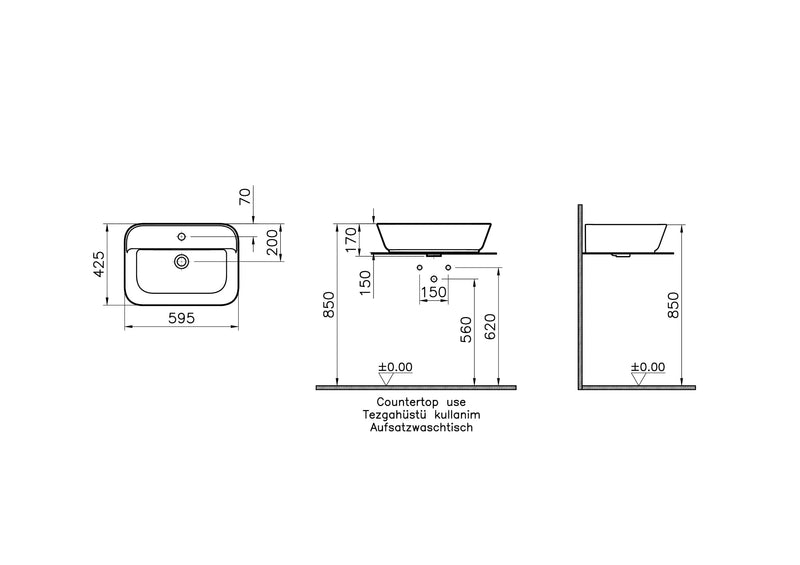 VitrA Geo Aufsatzwaschtisch 60 cm mit Hahnloch mittig ohne Überlaufloch Edelweiß mit Oberflächenveredelung VitrA Clean VitrA