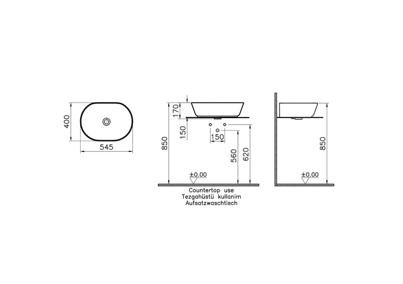 VitrA Geo Aufsatzschale 55 cm ohne Hahnloch ohne Überlaufloch Edelweiß mit Oberflächenveredelung VitrA Clean VitrA