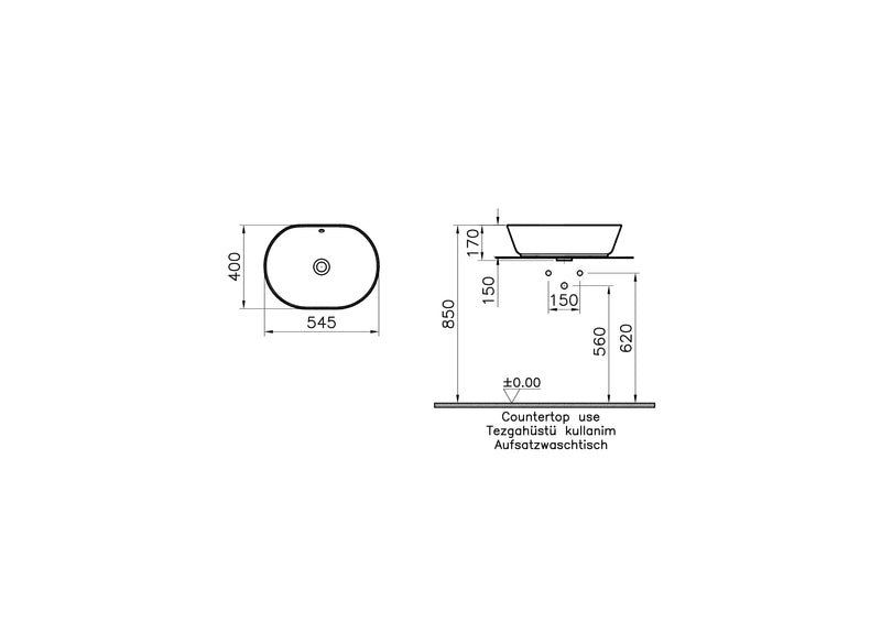 VitrA Geo Aufsatzschale 55 cm ohne Hahnloch mit Überlaufloch mittig Weiß Hochglanz mit Oberflächenveredelung VitrA Clean VitrA