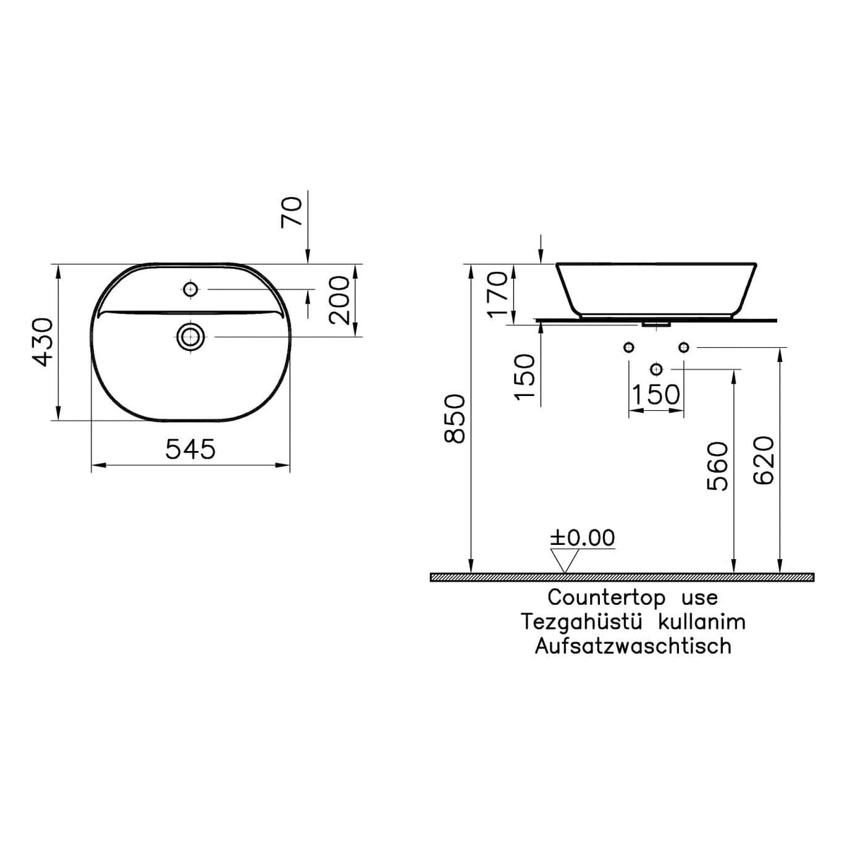 VitrA Geo Aufsatzwaschtisch 55 cm mit Hahnloch mittig ohne Überlaufloch Edelweiß mit Oberflächenveredelung VitrA Clean VitrA