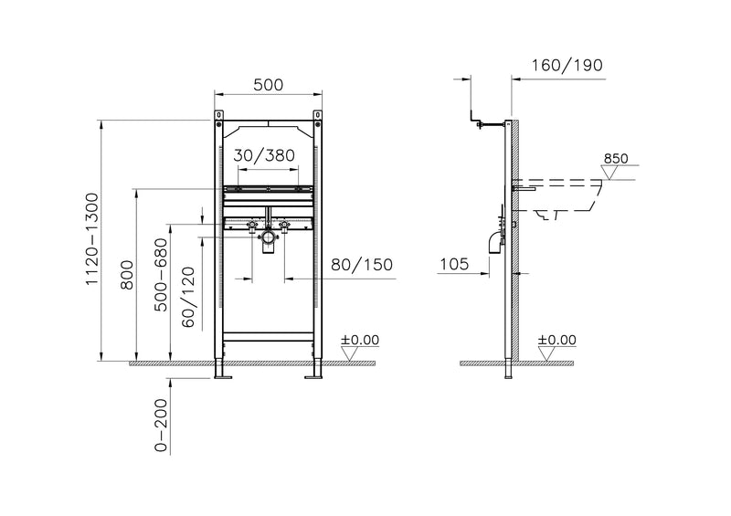 VitrA V-Fix Easy Rahmen für die Trockenbauinstallation von Waschtischen, boden- und wandfixiert Höhe 112 cm VitrA