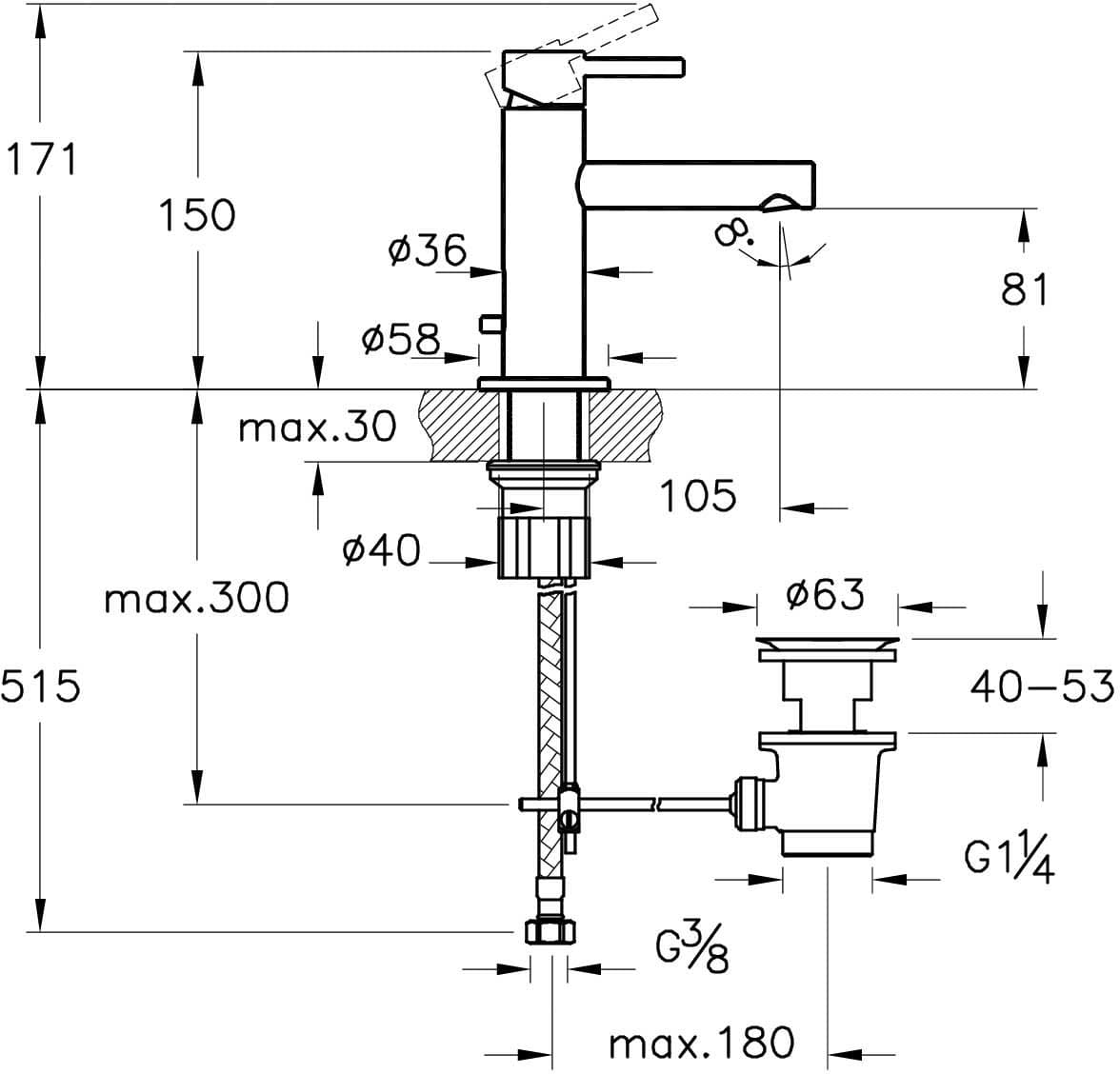 VitrA Origin Einhebel-Waschtischmischer mit Ablaufgarnitur Höhe 15 cm Schwarz Matt VitrA