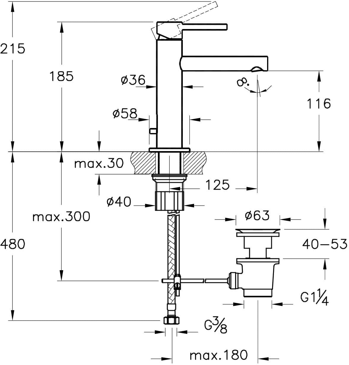 VitrA Origin Einhebel-Waschtischmischer mit Ablaufgarnitur Höhe 185 cm Schwarz Matt VitrA