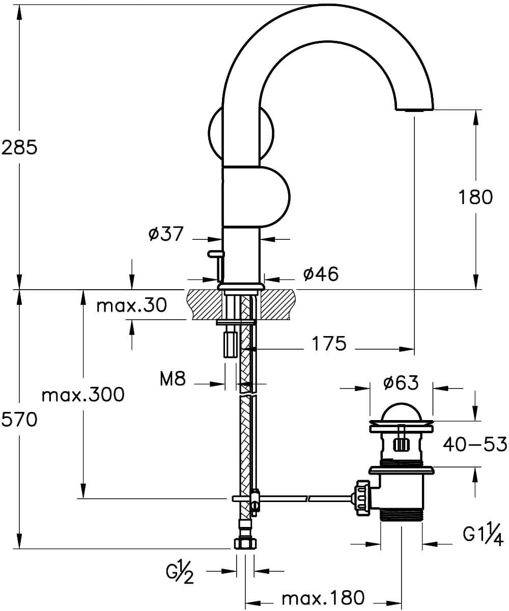 VitrA Liquid Einhebel-Waschtischmischer mit Ablaufgarnitur Einlochmontage Höhe 285 cm Rechtshänder-Version Chrom VitrA