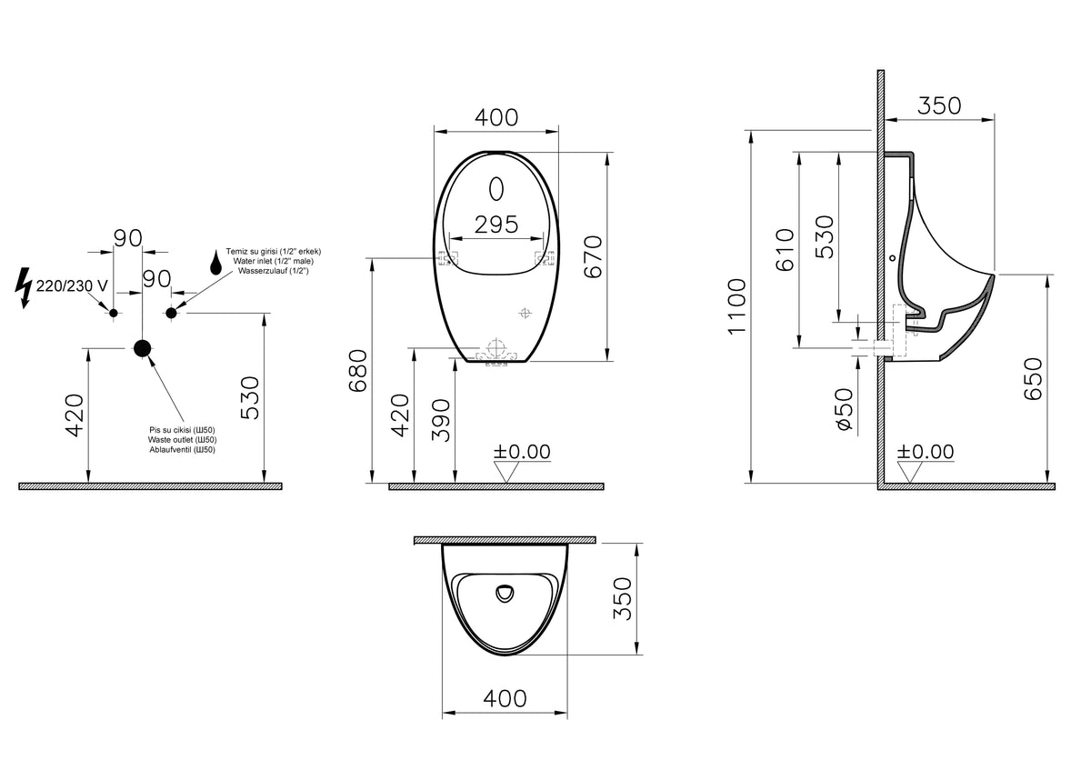 VitrA Urinal Architekt - spülrandlos, berührungslose Bedienung, elektrisch 230V